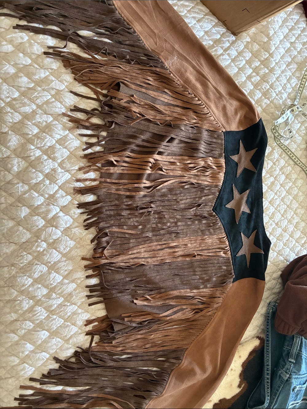 Johnny Was Brown Suede Fringe Jacket with Black Star Yoke - Picture 9 of 9